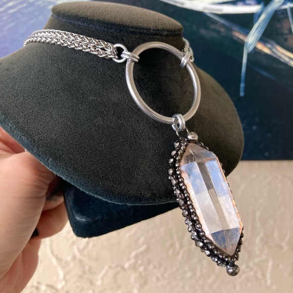 Double chain big Natural Crystal quartz black electroplated boho goth necklace - Picture 3 of 15